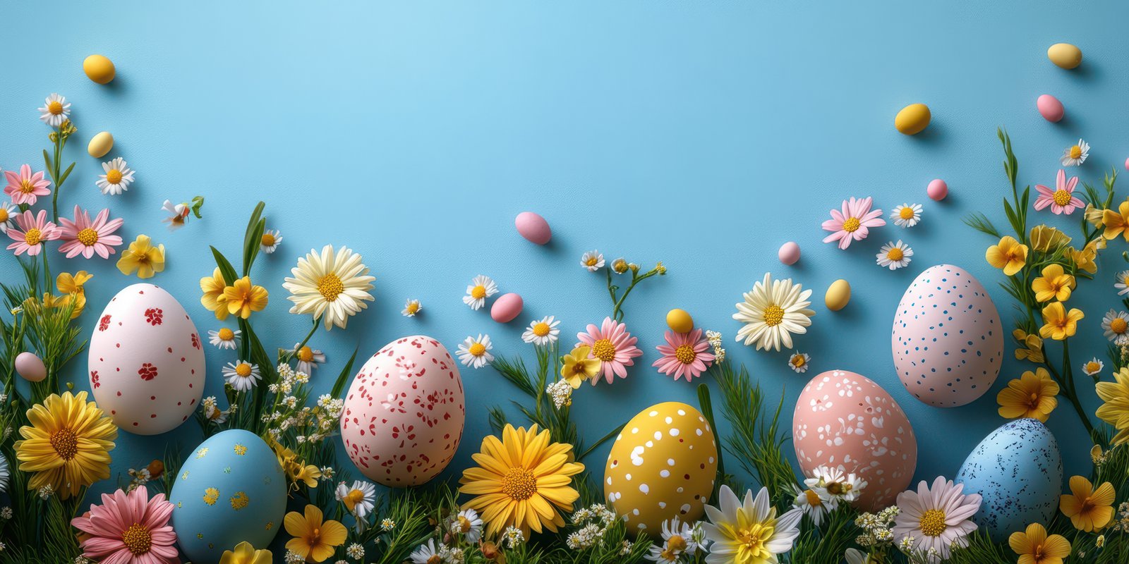 Colorful Easter eggs surrounded by fresh flowers on a light blue background celebrating spring festivities